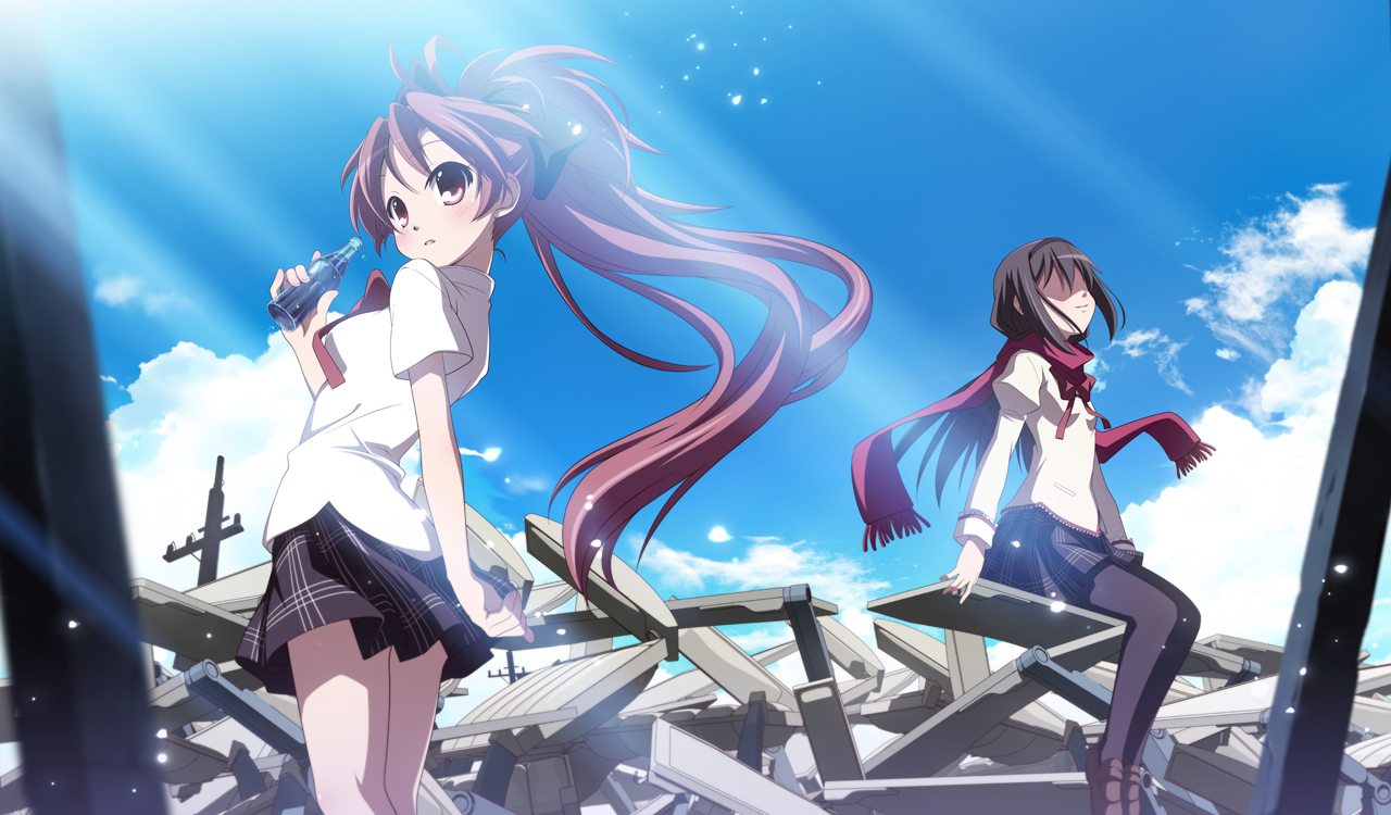 2girls, akemi_homura, black_hair, drink, headband, izumi_bell, long_hair, mahou_shoujo_madoka_magica