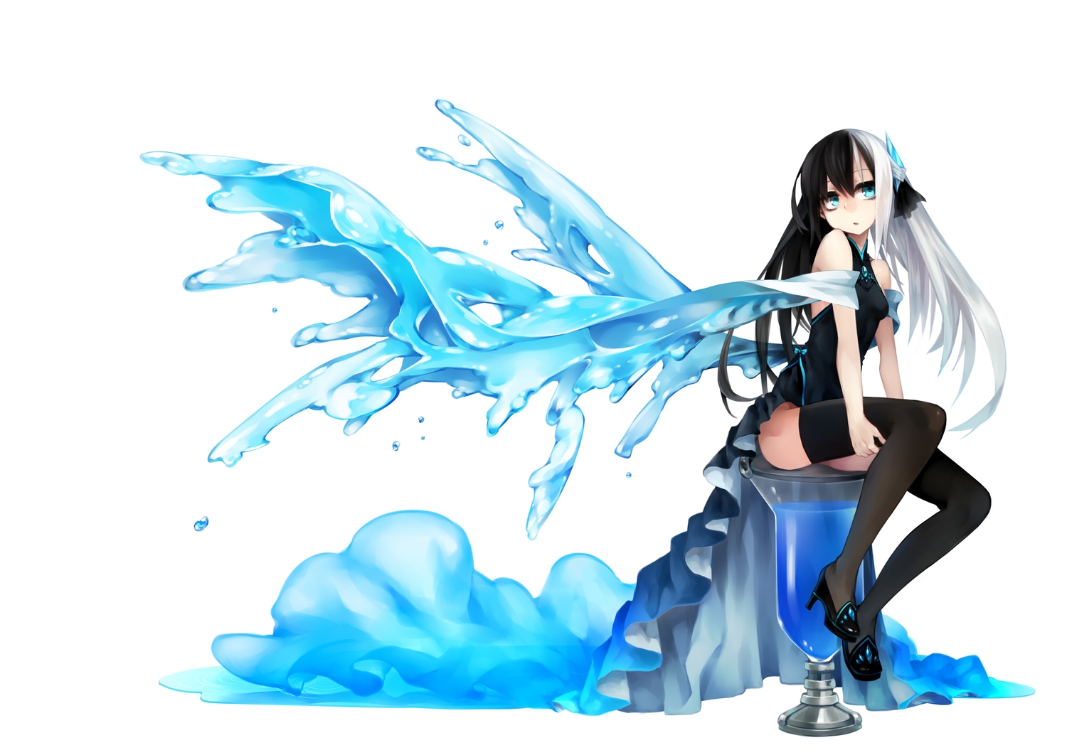 aqua_eyes, black_hair, chinese_clothes, chinese_dress, dress, kaida_michi, long_hair, nopan, norah_bright, original, thighhighs, water, white, white_hair
