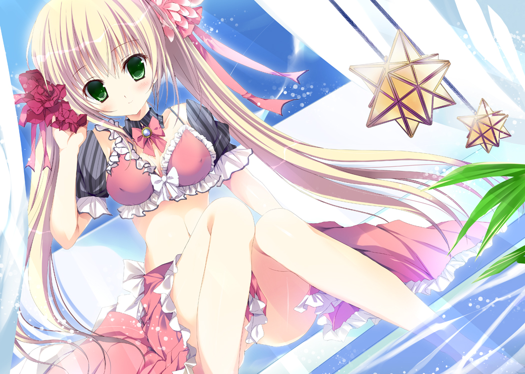 blonde_hair, blush, bow, choker, green_eyes, long_hair, mizusawa_mimori, navel