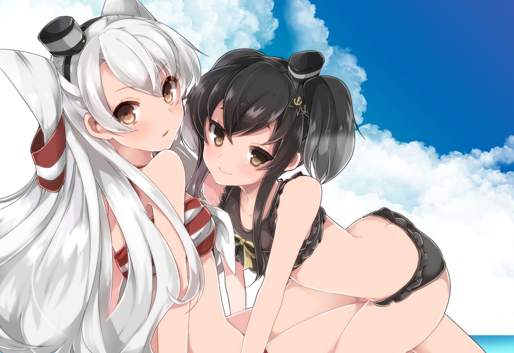 2girls, amatsukaze_(kancolle), anthropomorphism, bikini, black_hair, blush, brown_eyes, hat, kantai_collection, long_hair, short_hair, swimsuit, takeshima_(nia), tokitsukaze_(kancolle), twintails, white_hair
