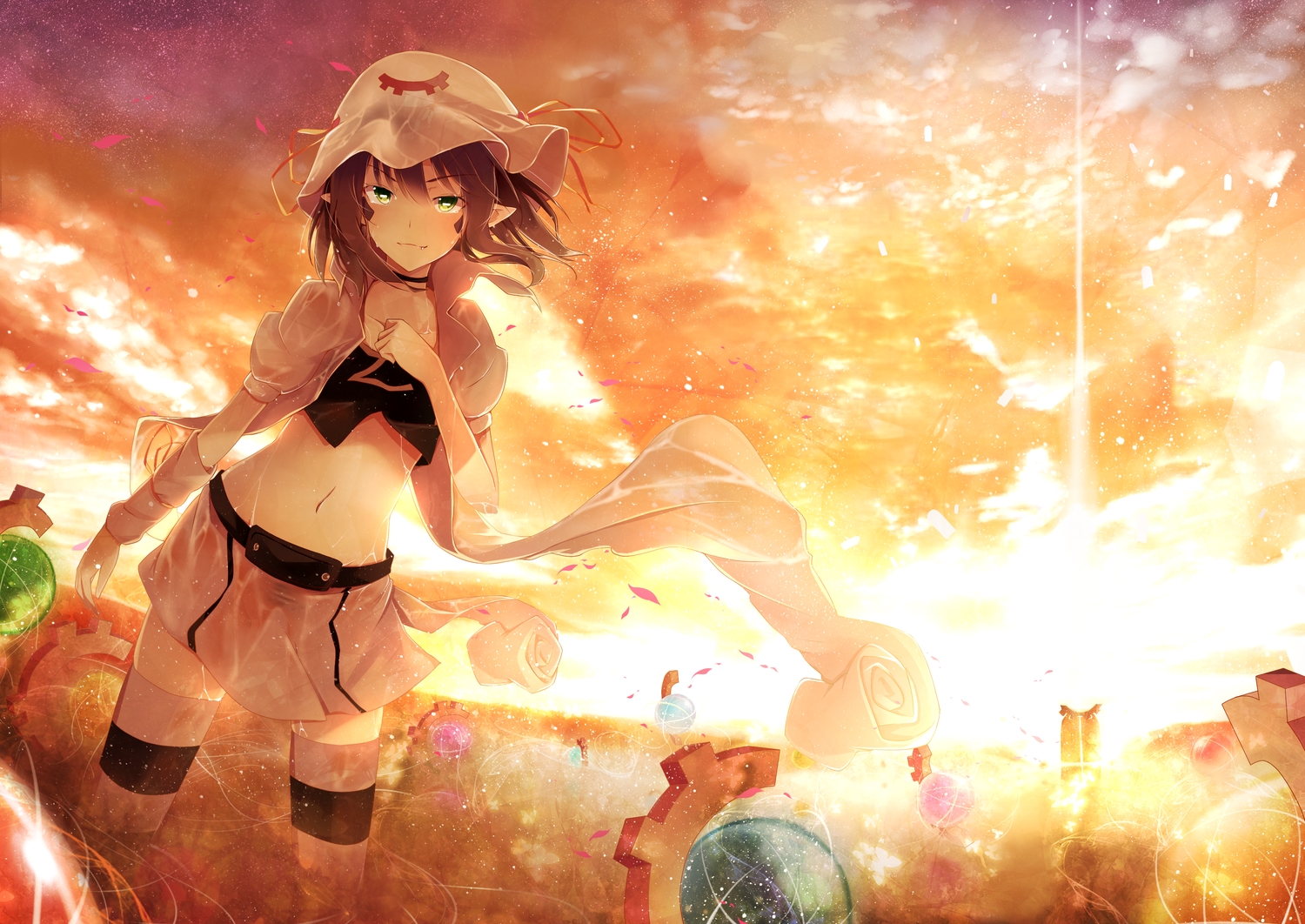brown_hair, choker, dennryuurai, fang, green_eyes, hat, merry_nightmare, navel