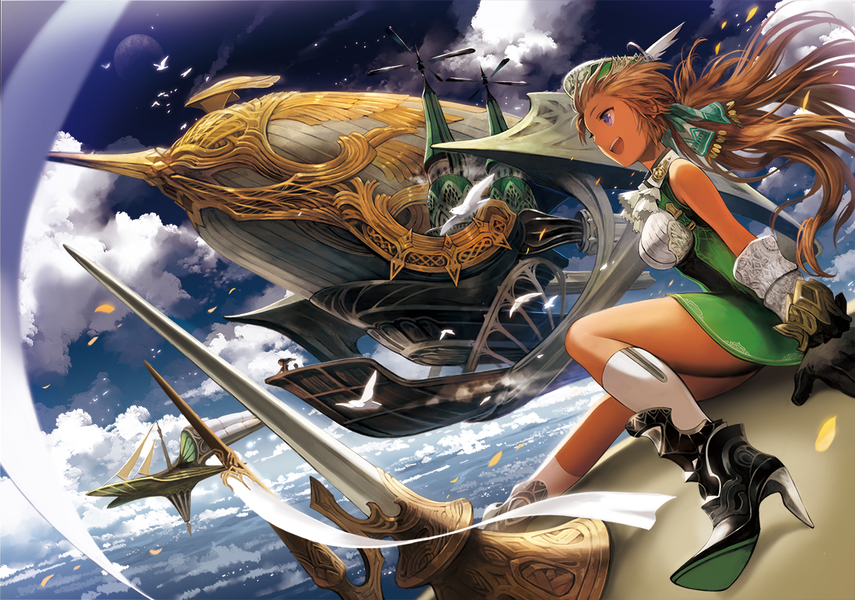 airship, animal, bird, boots, brown_hair, clouds, feathers, gloves