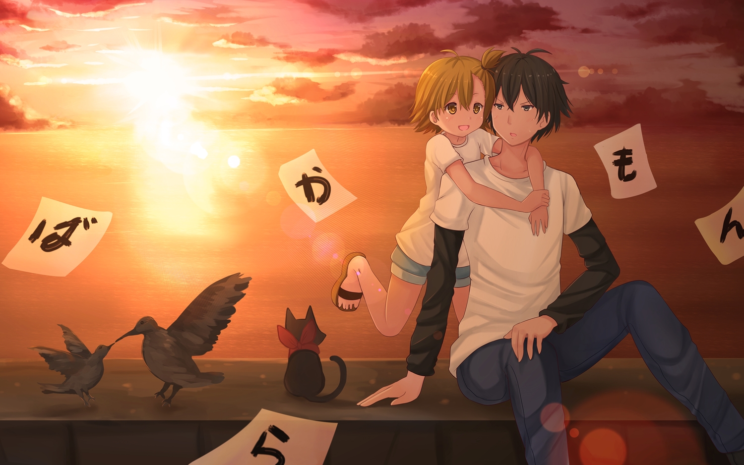 animal, barakamon, bird, black_hair, brown_hair, cat, clouds, crossover