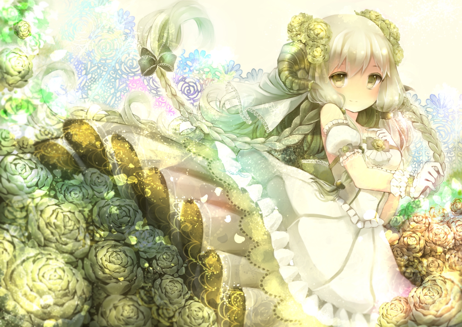 braids, dress, flowers, gloves, horns, long_hair, original, rose, yumeichigo_alice