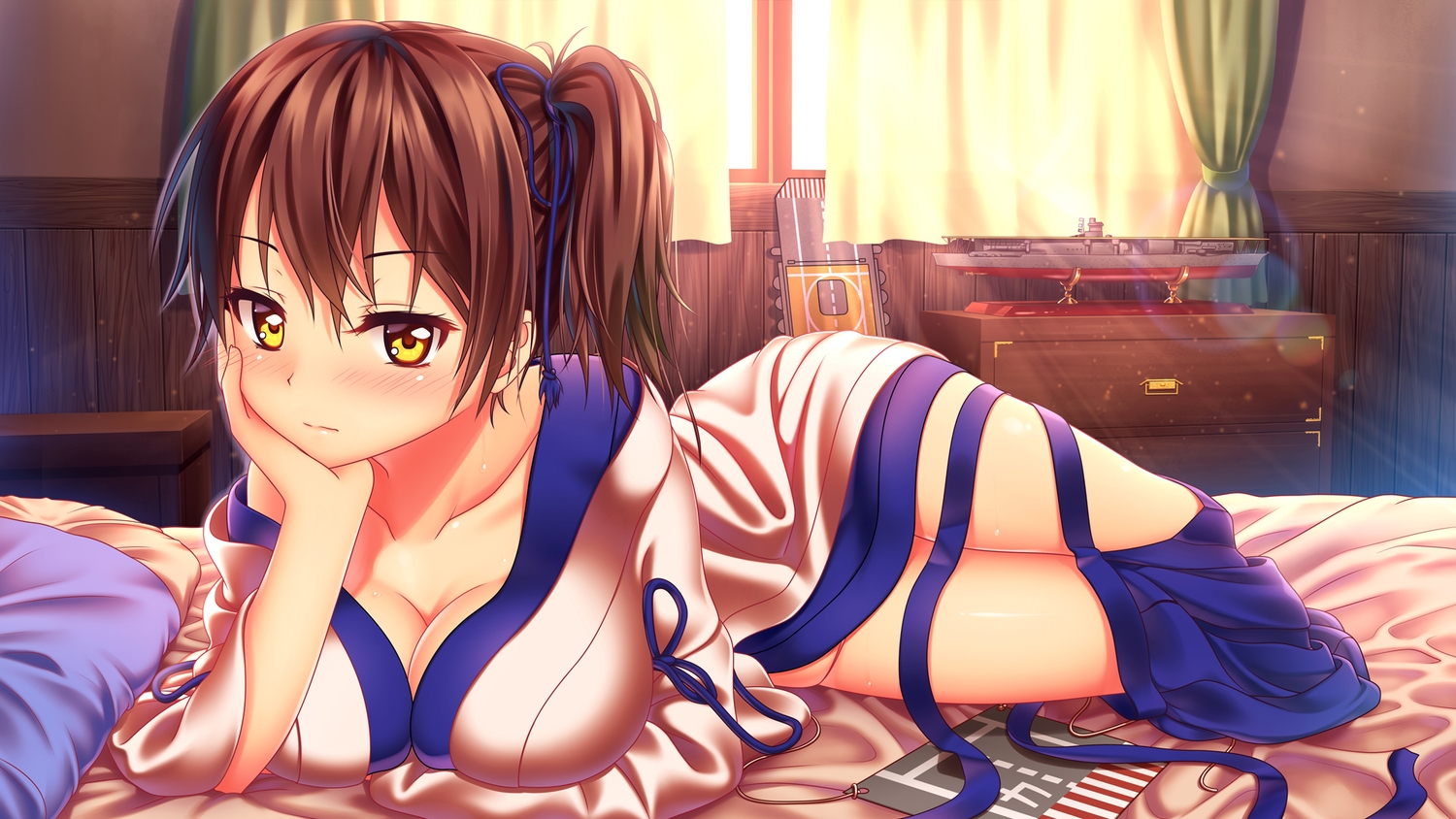anthropomorphism, bed, blush, breasts, brown_hair, cleavage, japanese_clothes, kaga_(kancolle), kantai_collection, nazu-na, ponytail, short_hair, wet, yellow_eyes