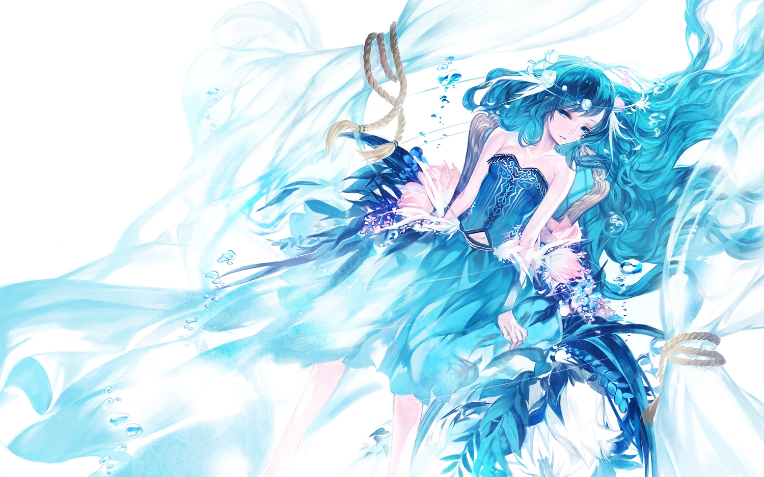 blue_eyes, blue_hair, bubbles, corset, flowers, halo, kazune_(baumkuchen), long_hair