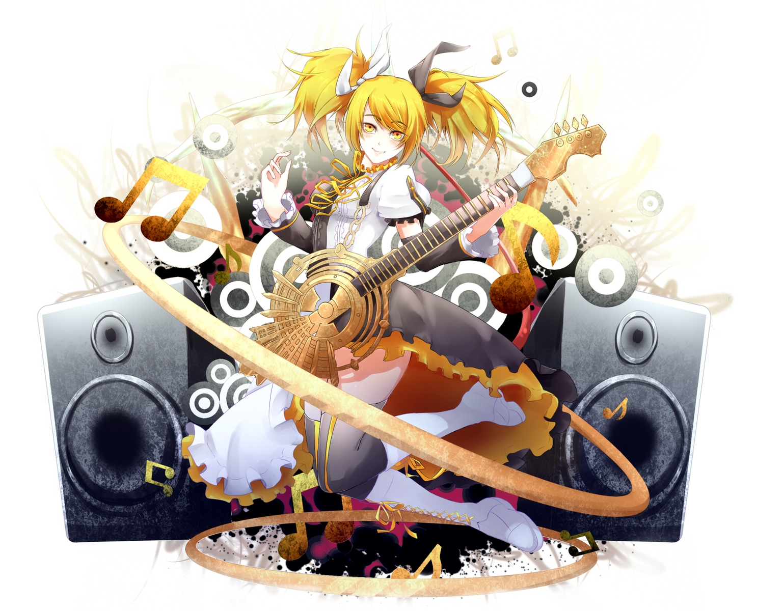 blonde_hair, boots, bow, guitar, instrument, kagamine_rin, meltdown_(vocaloid), phino_(jinko0094)