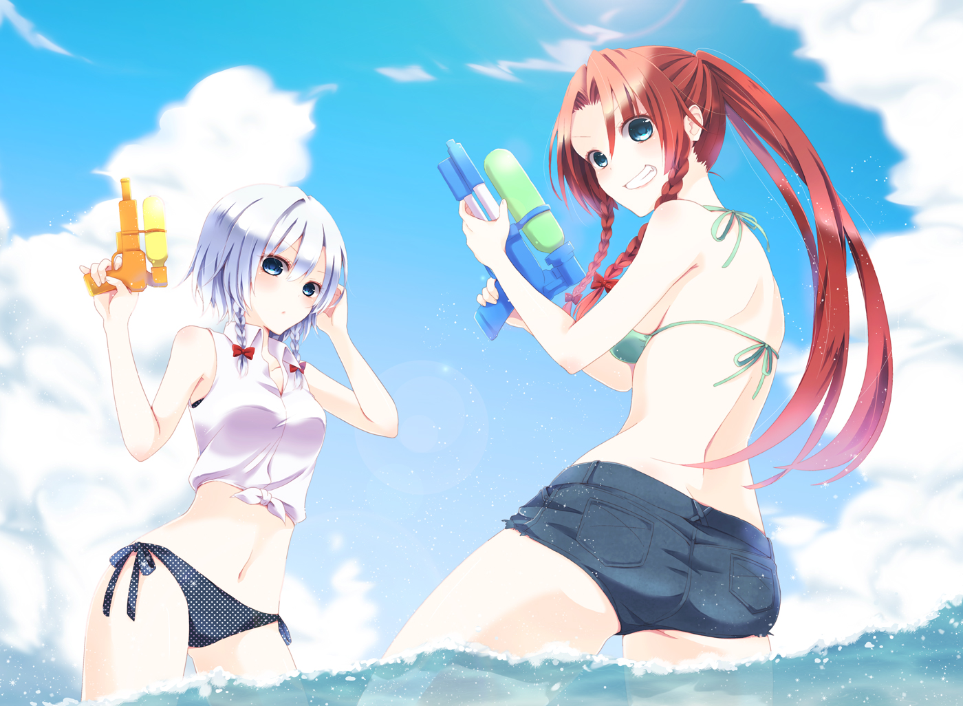 2girls, bikini_top, blue_eyes, braids, chitose_(usacan), hong_meiling, izayoi_sakuya, navel, red_hair, shorts, swimsuit, touhou, white_hair
