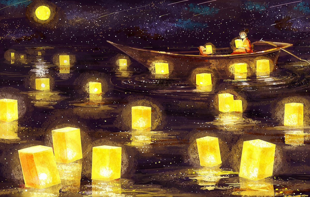 boat, japanese_clothes, moon, nomiya_(no_38), original, stars, teddy_bear, water