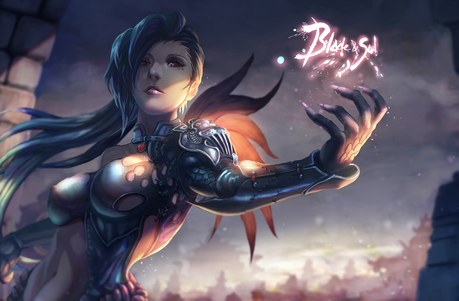 aqua_hair, armor, blade_&_soul, long_hair, pink_eyes, sgfw, skintight, yu_ran
