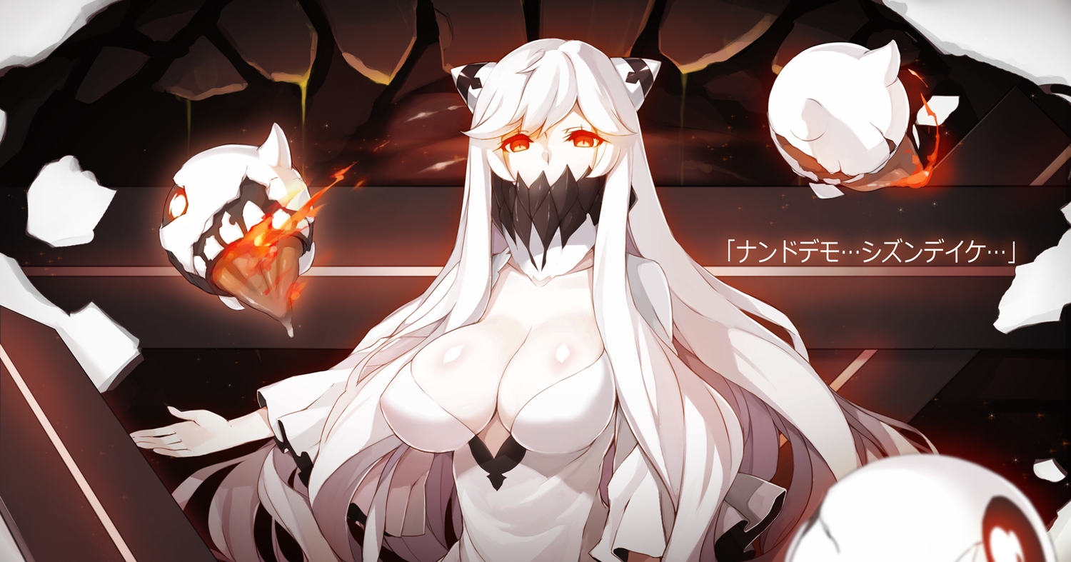 anthropomorphism, breasts, cleavage, hsuliherng, kantai_collection, midway_hime, red_eyes, white_hair