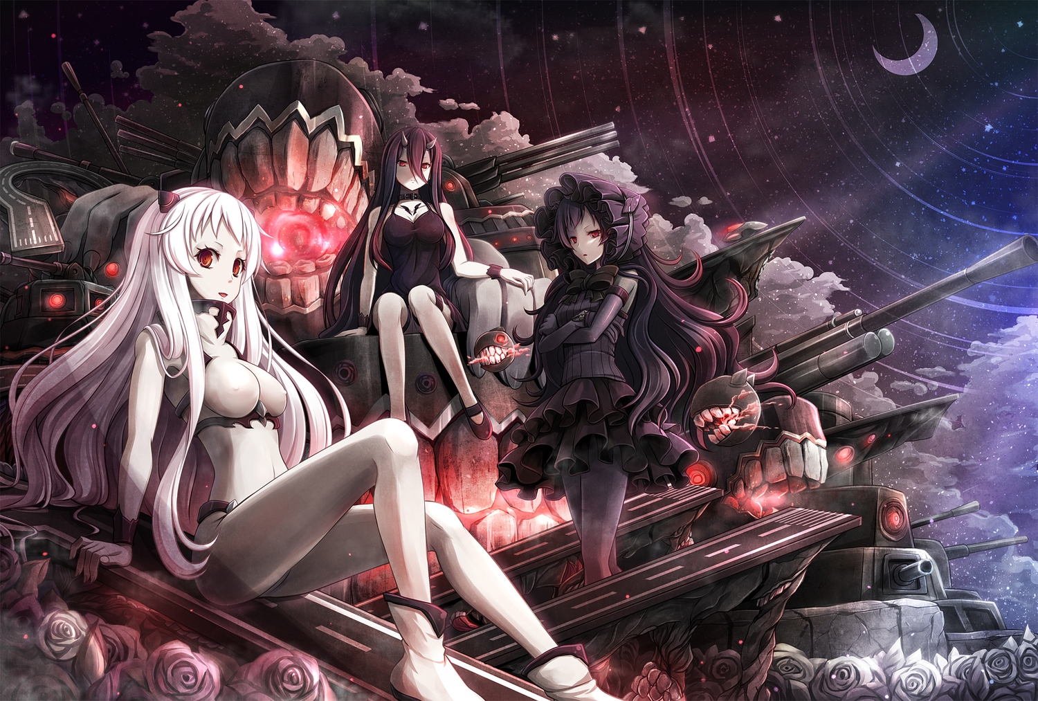 airfield_hime, akashio_(loli_ace), anthropomorphism, battleship_hime, black_hair, erect_nipples, flowers, isolated_island_oni, kantai_collection, long_hair, moon, night, red_eyes, rose, stars, white_hair