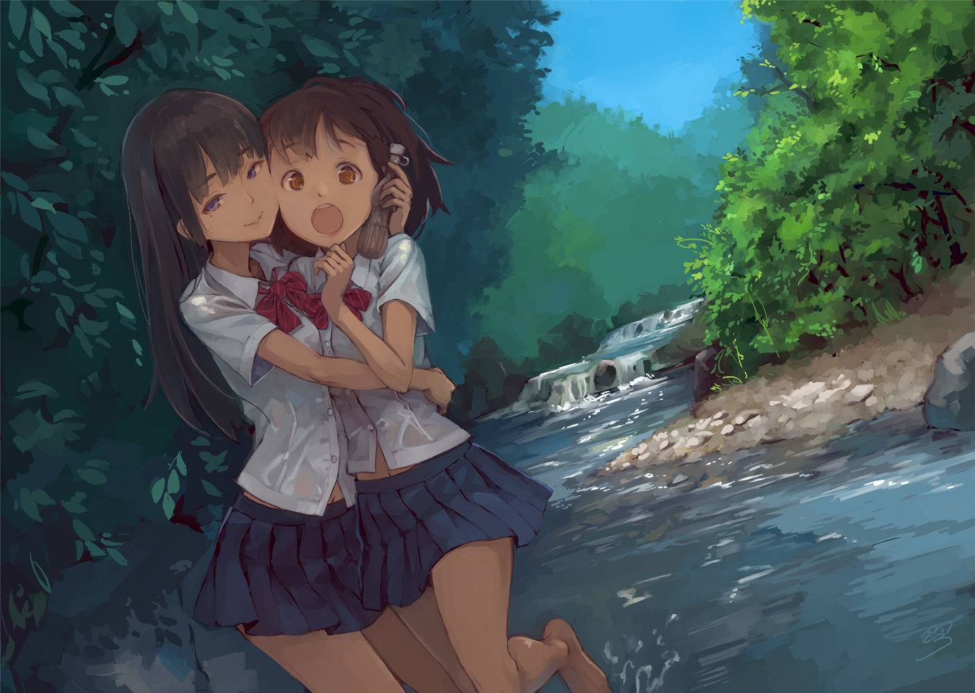 2girls, barefoot, black_hair, bow, brown_eyes, hug, jpeg_artifacts, long_hair, original, purple_eyes, school_uniform, shirt, short_hair, skirt, suzuno_(bookshelf), tree, water