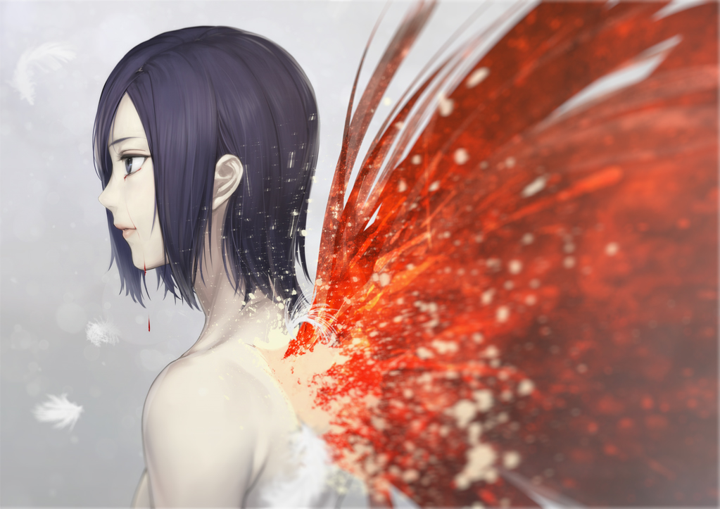 blue_eyes, blue_hair, kazakami_yuu, kirishima_touka, short_hair, tokyo_ghoul, wings