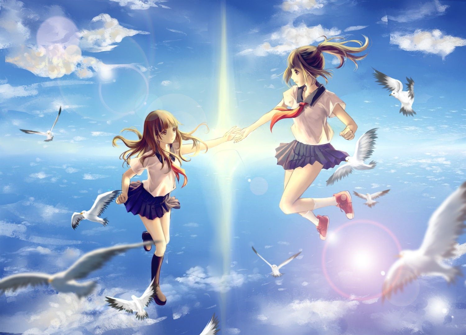 2girls, animal, bird, brown_eyes, brown_hair, clouble, clouds, kneehighs