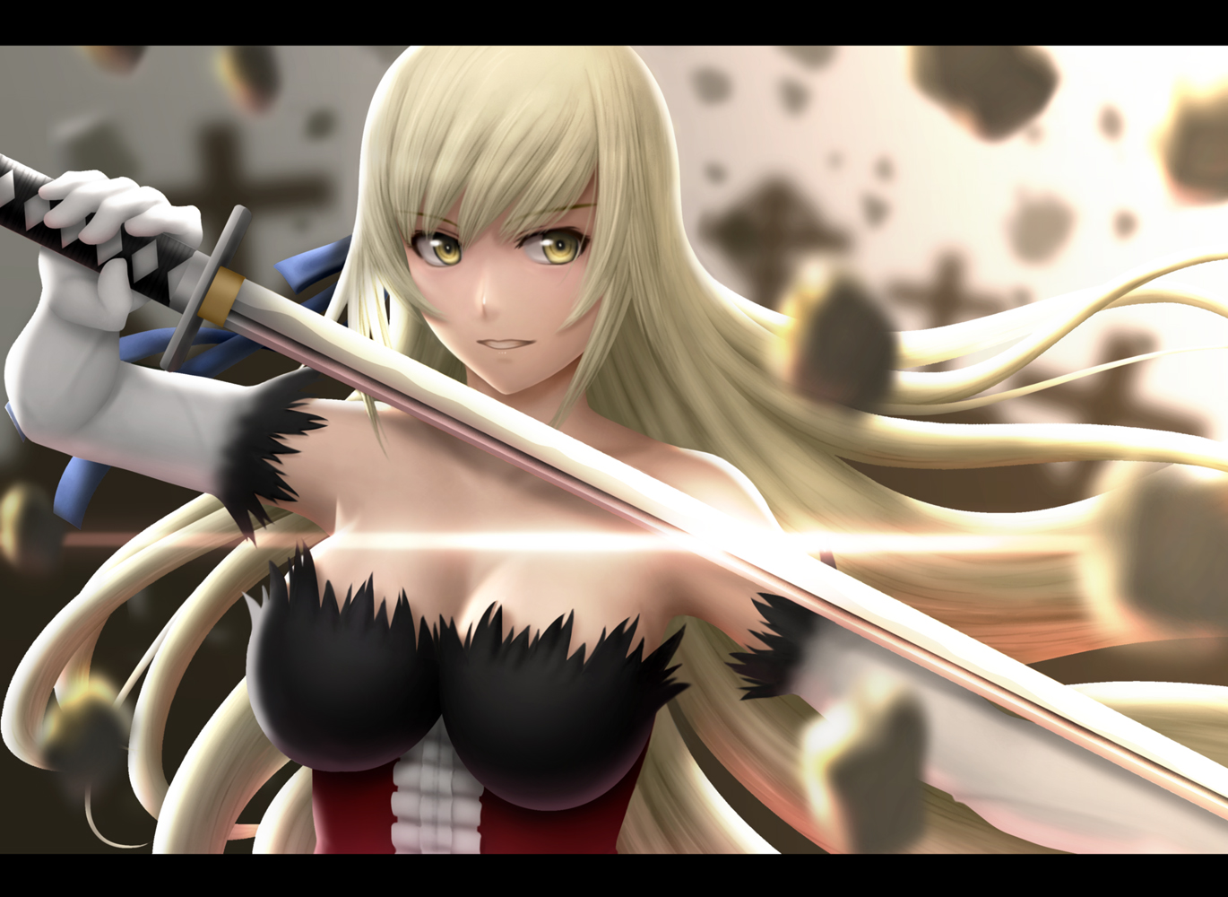 bakemonogatari, blonde_hair, breasts, cleavage, close, elbow_gloves, gloves, katana