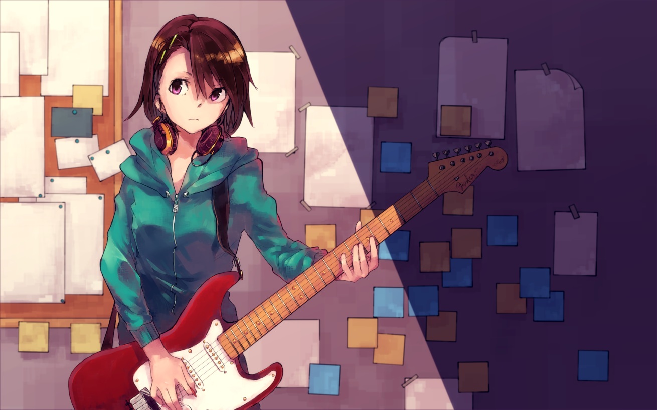 brown_hair, guitar, headphones, hitomai, instrument, original, paper, purple_eyes, short_hair