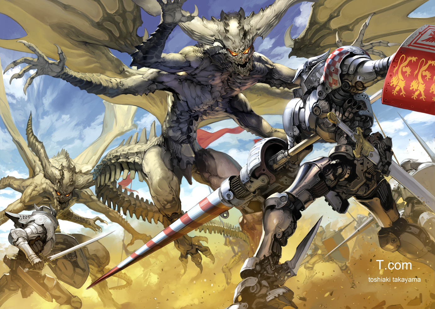 armor, demon, dragon, mecha, orange_eyes, original, robot, signed