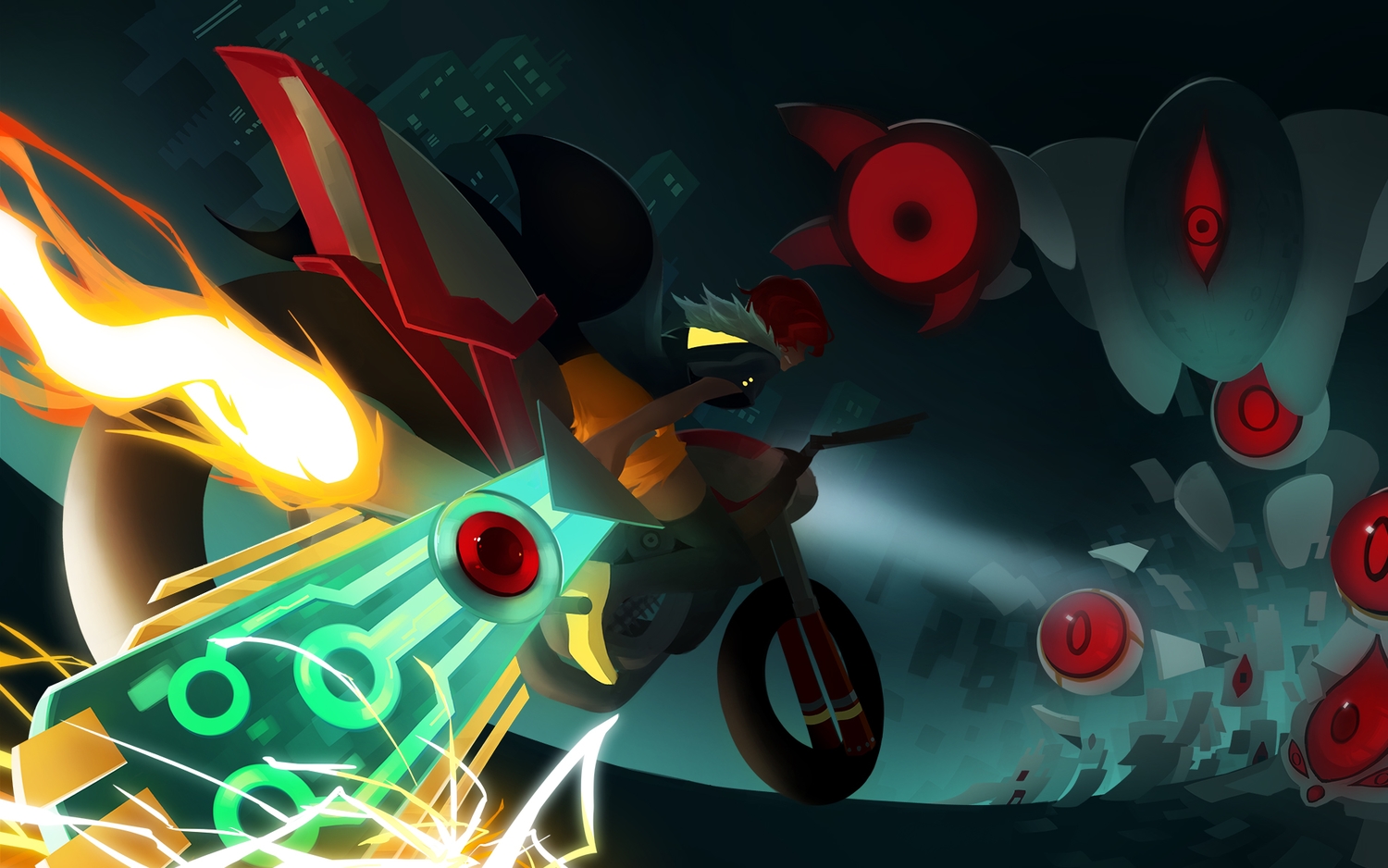 emi-tan, fire, motorcycle, red_hair, red_(transistor), short_hair, sword, transistor_(game), weapon