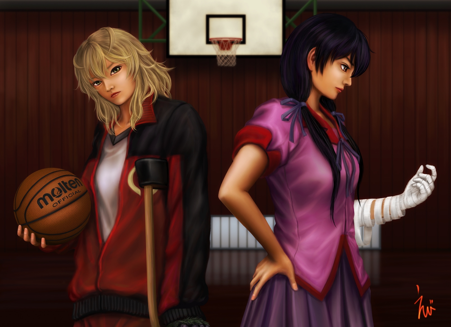 2girls, ball, basketball, blonde_hair, eeotoko, hanamonogatari, kanbaru_suruga, monogatari_(series), numachi_rouka, sport