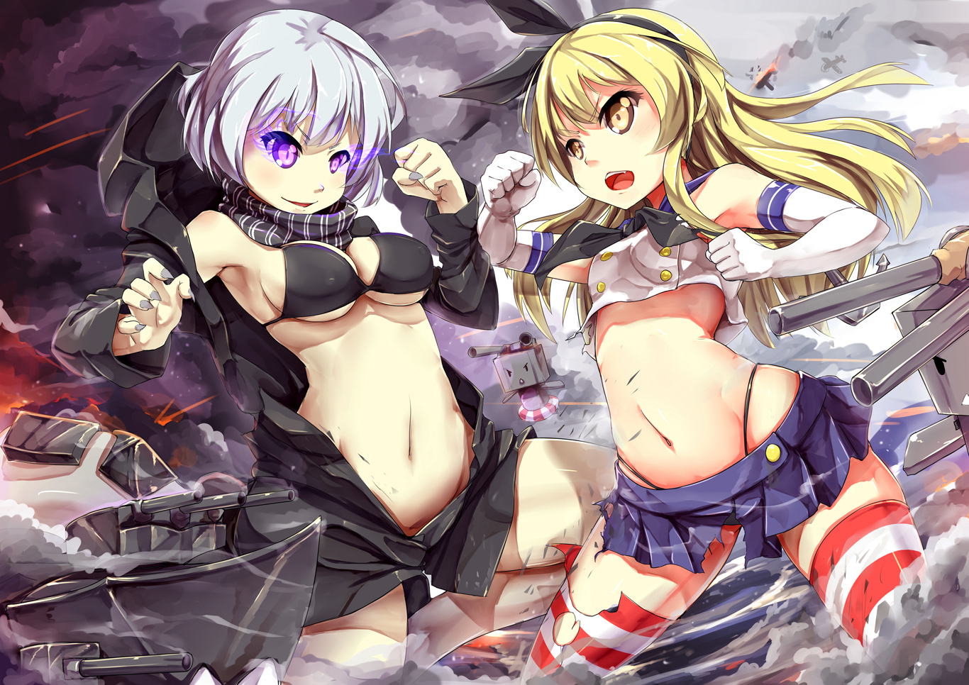 2girls, anthropomorphism, bikini_top, blonde_hair, breasts, cleavage, elbow_gloves, gloves
