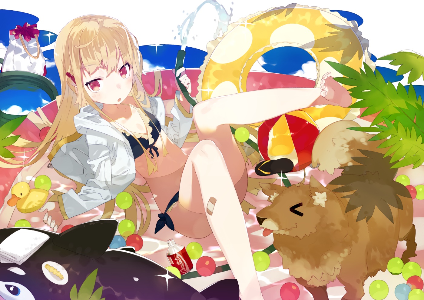 animal, bandaid, barefoot, blonde_hair, dog, drink, karei_(hirameme), leaves, long_hair, original, red_eyes, swim_ring, water