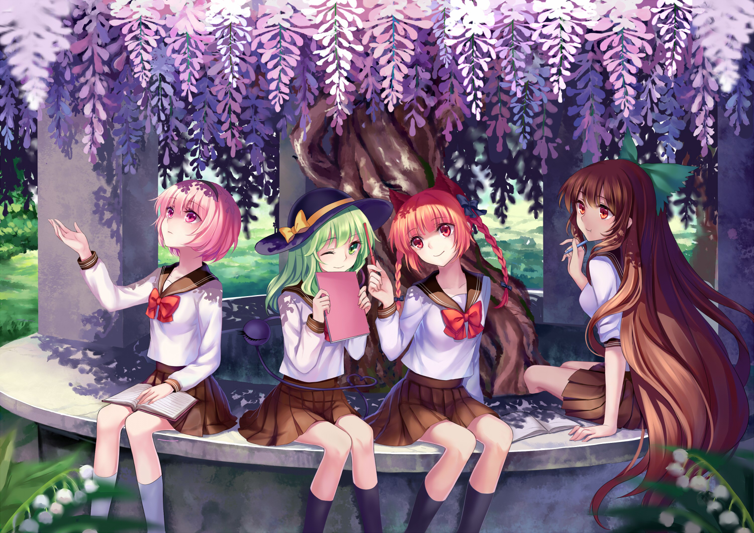 animal_ears, bow, braids, brown_hair, catgirl, green_hair, group, hat, kaenbyou_rin, komeiji_koishi, komeiji_satori, long_hair, mirror_(xilu4), pink_hair, red_hair, reiuji_utsuho, school_uniform, short_hair, touhou, tree