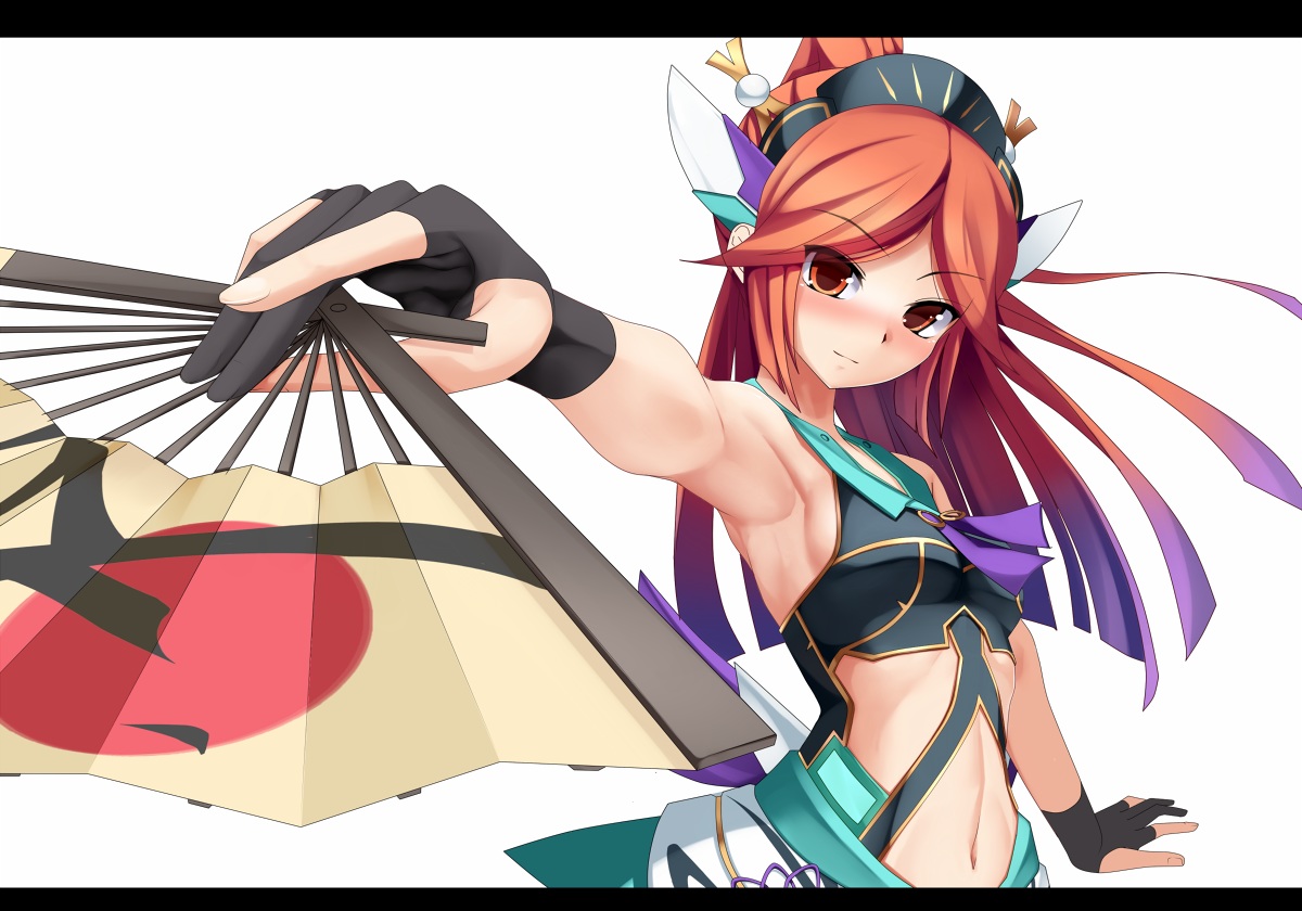 blush, breasts, eto, fan, long_hair, navel, phantasy_star_online, quna_(pso2)