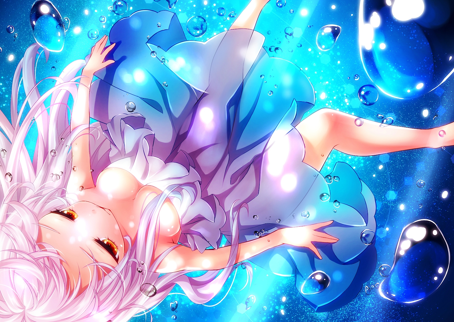 breasts, brown_eyes, bubbles, cleavage, dress, mintsu_(ichi--kun), original, pink_hair, underwater, water