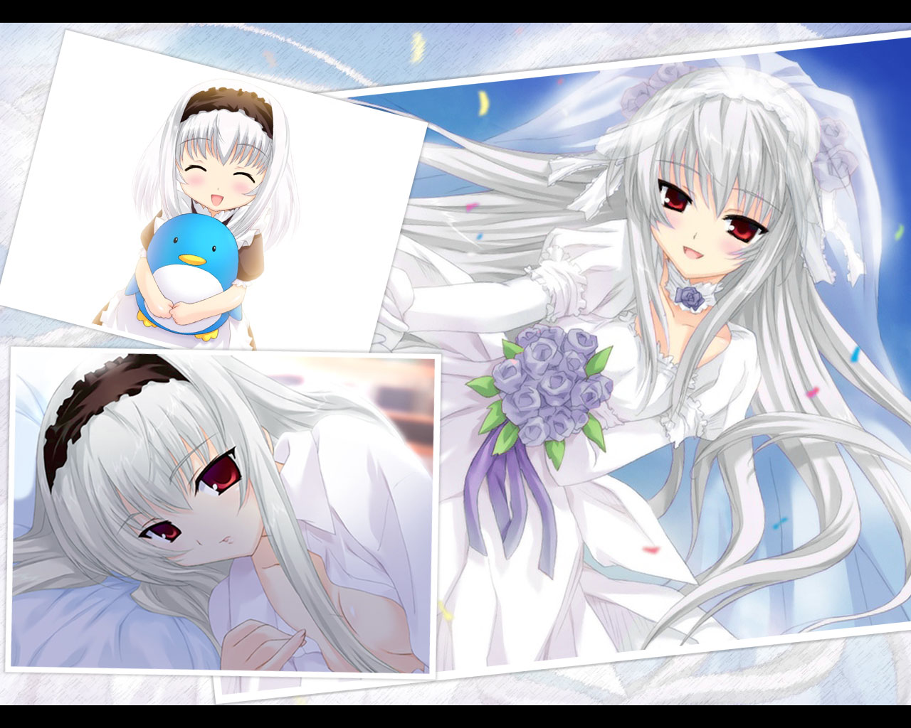 alice_soft, flowers, fujimiya_rin, headband, headdress, open_shirt, red_eyes, wedding_attire, white_hair, yokubari_saboten