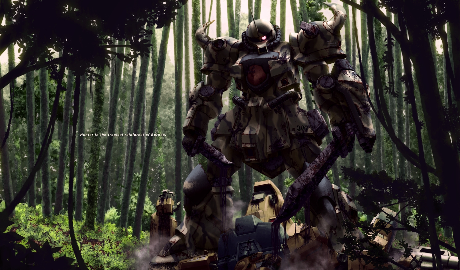 forest, knife, mecha, mobile_suit_gundam, sword, tree, weapon, yamarata