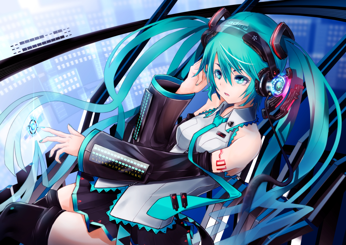 ajigo, aqua_eyes, aqua_hair, hatsune_miku, headphones, long_hair, tie, twintails