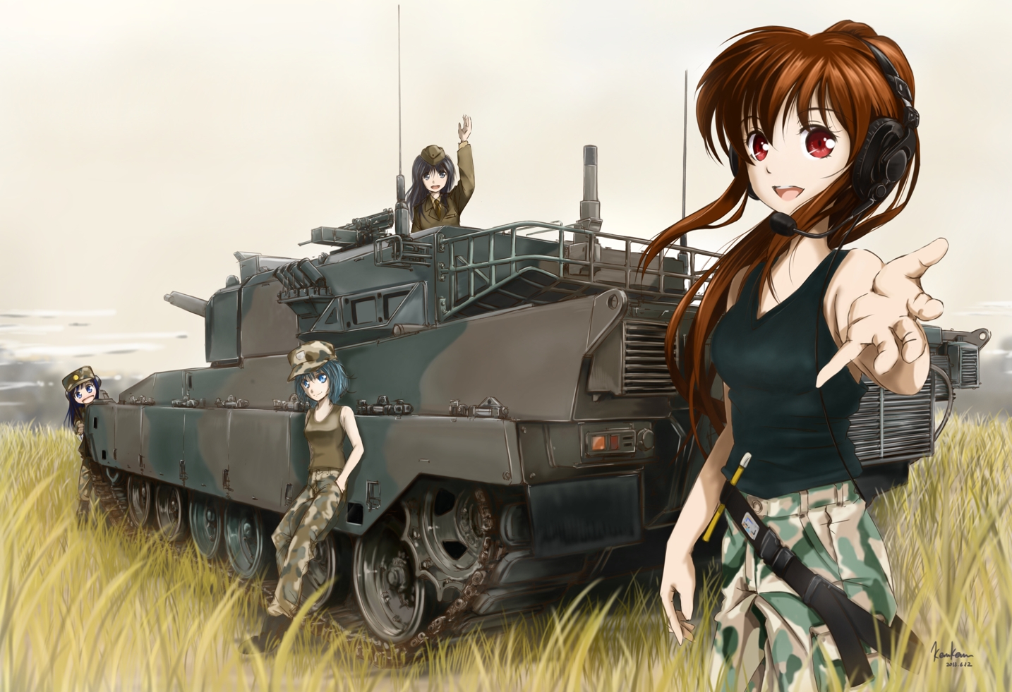 combat_vehicle, kemukemu, long_hair, original, short_hair, signed, tagme, weapon