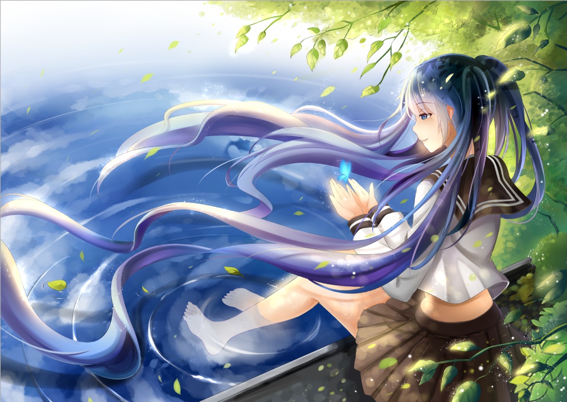 barefoot, blue_eyes, blue_hair, butterfly, hatsune_miku, leaves, long_hair, school_uniform