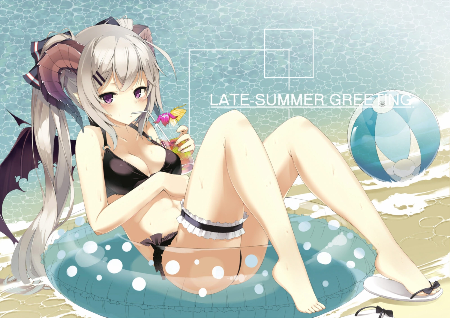 barefoot, bikini, breasts, brown_hair, cleavage, drink, horns, long_hair, original, purple_eyes, swim_ring, swimsuit, twintails, water, yuui_hutabakirage