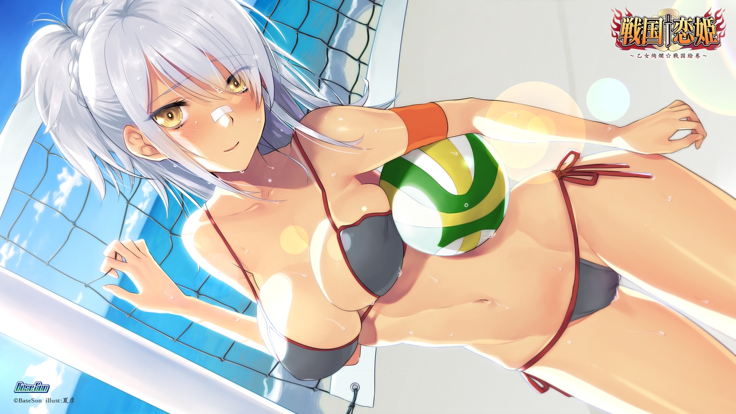 bikini, blush, breasts, cleavage, logo, long_hair, natsuhiko, navel, ponytail, sengoku_koihime, sport, swimsuit, volleyball, wet, white_hair, yellow_eyes