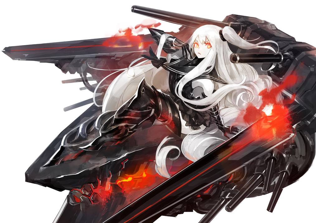 aircraft_carrier_oni, anthropomorphism, fire, kantai_collection, long_hair, orange_eyes, pump_(artist), white_hair