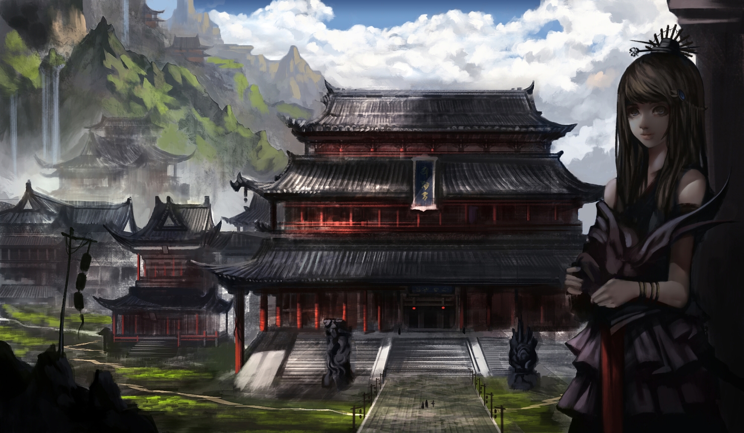 baka_(mh6516620), black_hair, building, clouds, long_hair, original, stairs, water