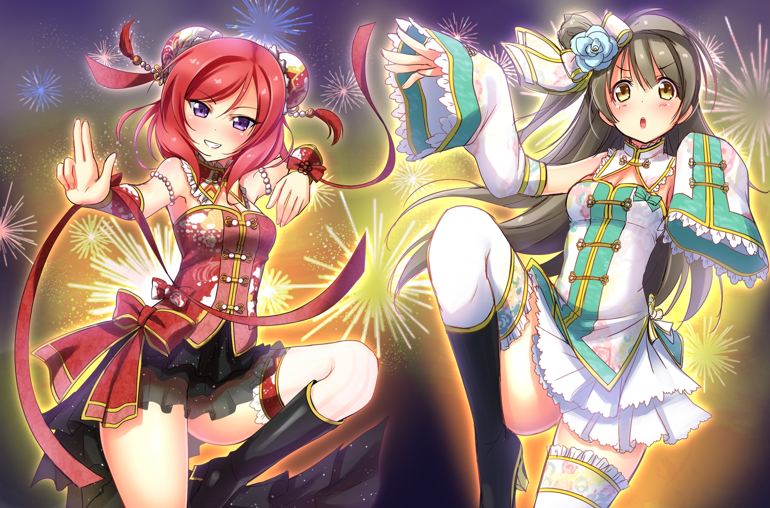 2girls, brown_eyes, brown_hair, fireworks, garter, kneehighs, long_hair, love_live!_school_idol_project