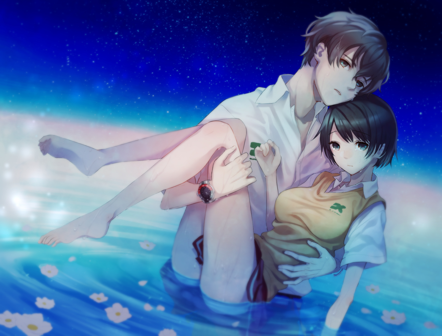 barefoot, black_eyes, black_hair, brown_eyes, brown_hair, flowers, hisami_touji, male, mishima_lisa, pekoo_(pekota), school_uniform, short_hair, skirt, water, wet, wristwear, zankyou_no_terror