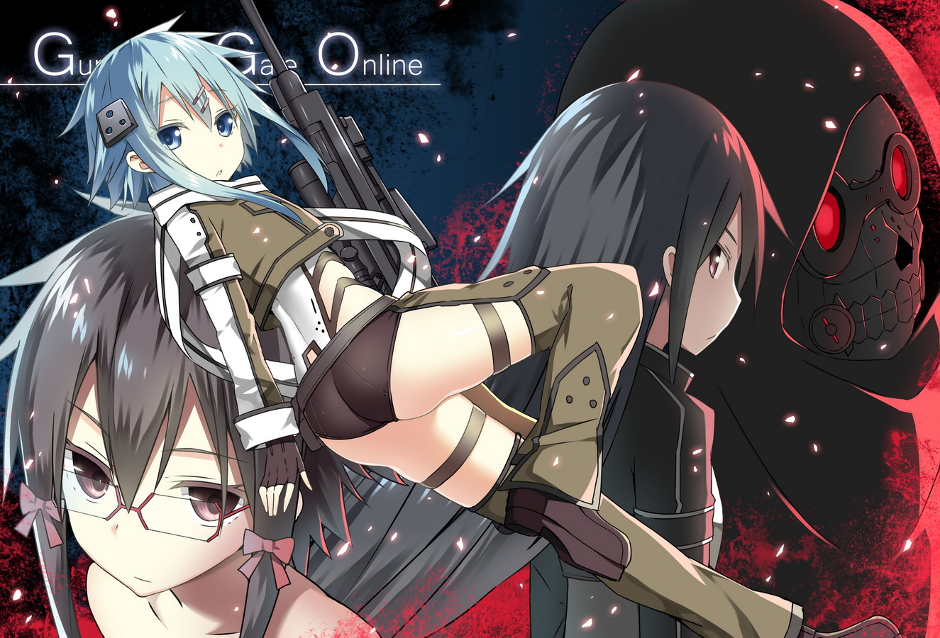 ass, black_hair, blue_eyes, blue_hair, death_gun, glasses, gun, gun_gale_online, kirigaya_kazuto, long_hair, mask, shinon_(sao), short_hair, sky_(freedom), sword_art_online, weapon