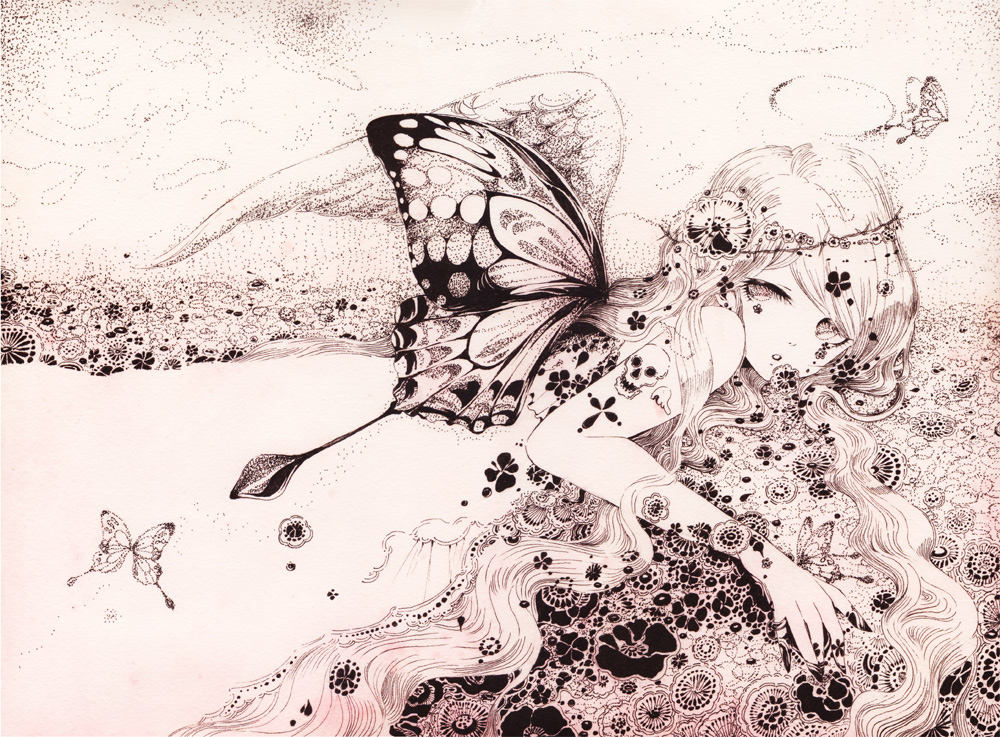 butterfly, charmal, flowers, headband, long_hair, monochrome, original, skull, tattoo, wings