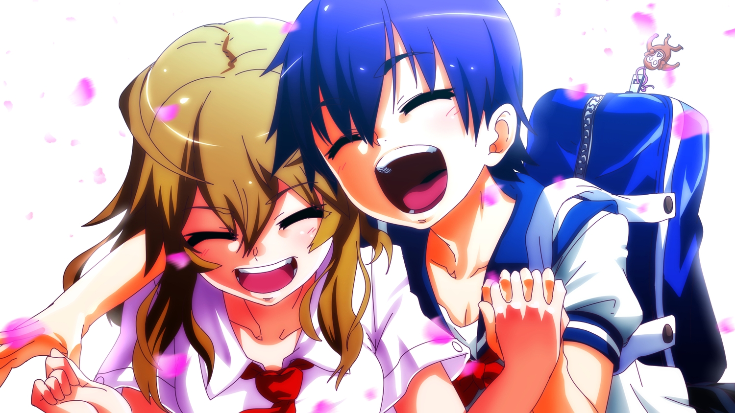 2girls, bakemonogatari, blue_hair, brown_hair, hanamonogatari, kanbaru_suruga, monogatari_(series), numachi_rouka, petals, pija_(pianiishimo)