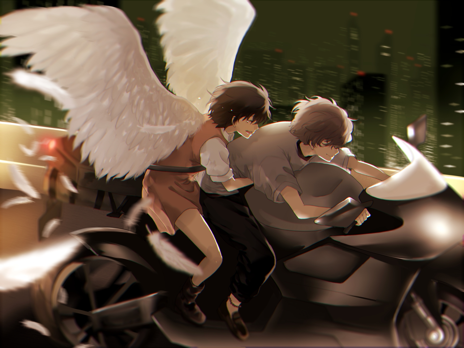 boots, brown_hair, feathers, hisami_touji, kazuho_(wkn_kzh), male, mishima_lisa, motorcycle, short_hair, tears, wings, zankyou_no_terror