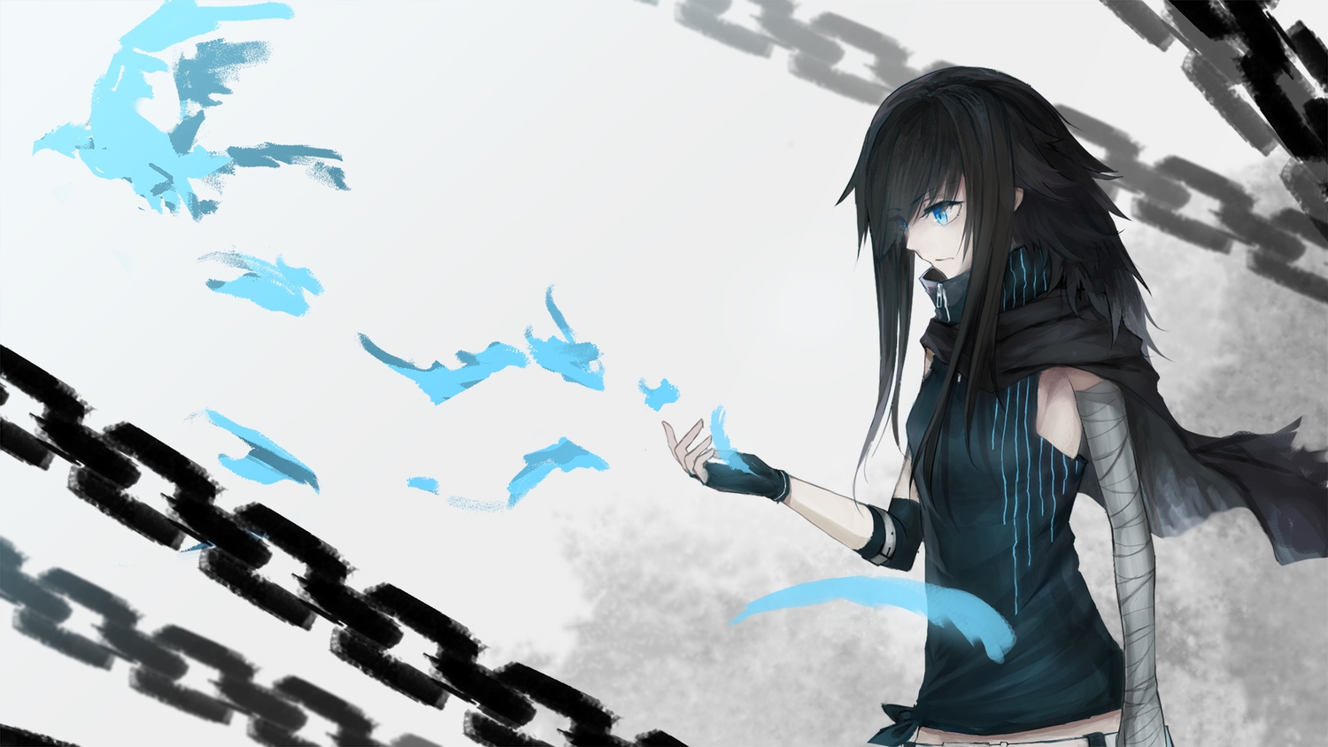 bandage, black_hair, blue_eyes, chain, long_hair, mek, original