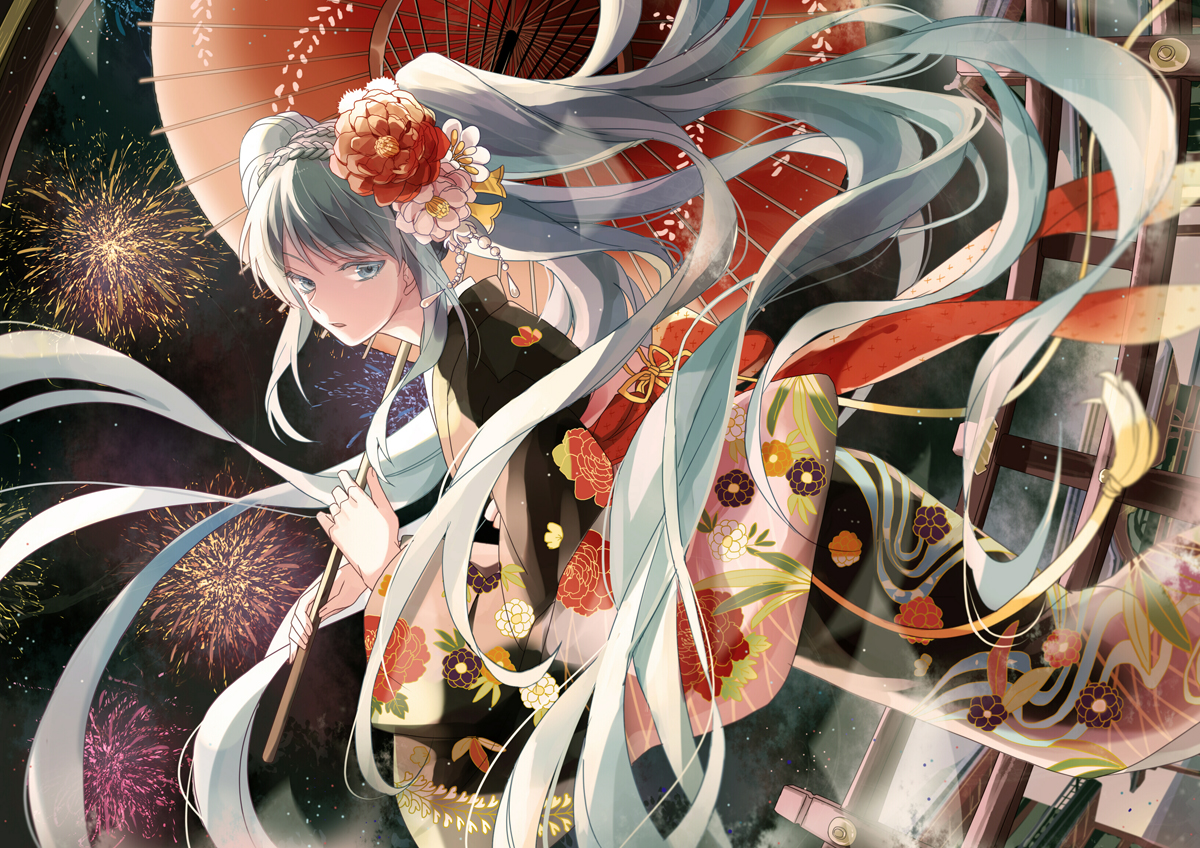 blue_eyes, blue_hair, fireworks, hatsune_miku, japanese_clothes, kimono, long_hair, michi_(iawei), twintails, umbrella, vocaloid