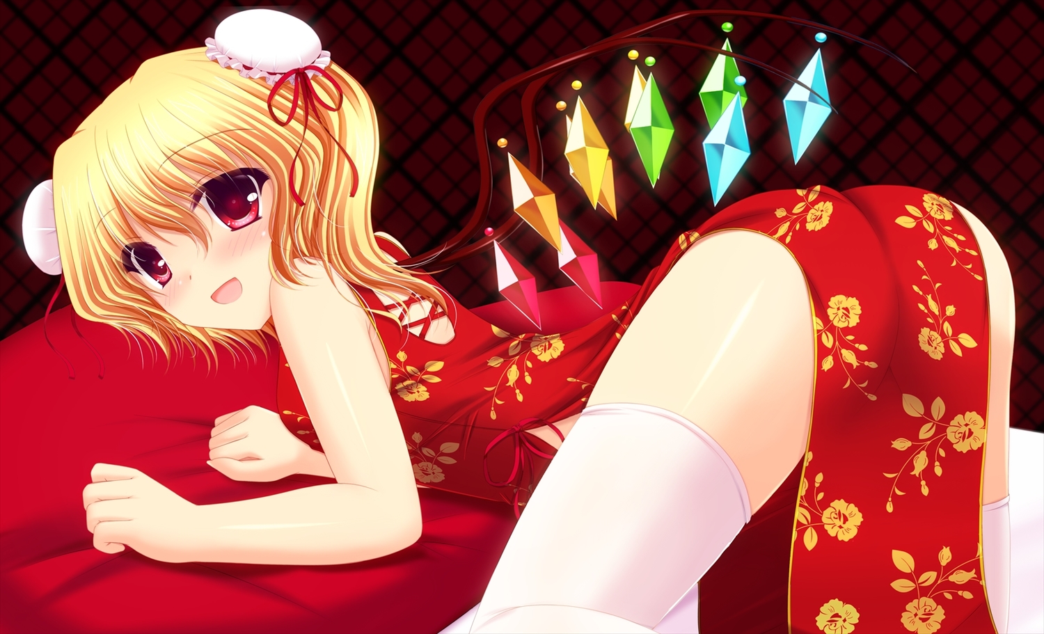 ass, blonde_hair, blush, chinese_clothes, chinese_dress, dress, flandre_scarlet, red_eyes, shimotsuki_keisuke, thighhighs, touhou, vampire, wings
