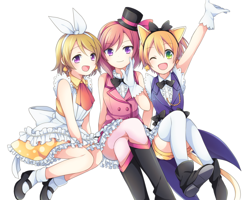 animal_ears, blonde_hair, boots, bow, dress, gloves, green_eyes, hat, headband, hoshizora_rin, koizumi_hanayo, love_live!_school_idol_project, nishikino_maki, purple_eyes, red_hair, soranagi, wink