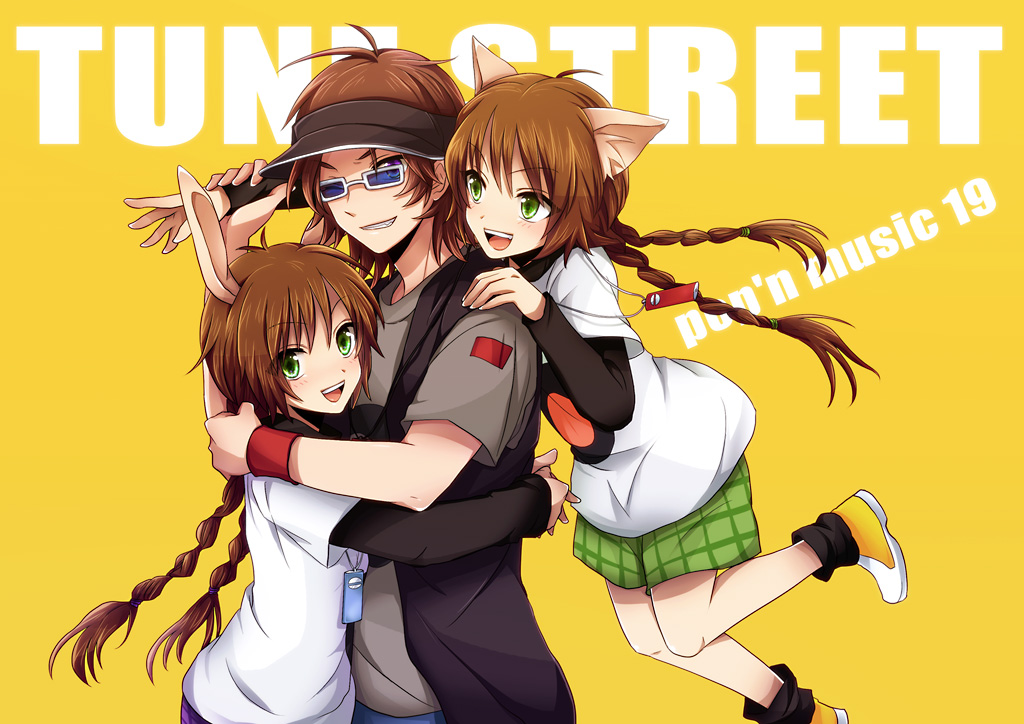 animal_ears, bunny_ears, bunnygirl, catgirl, green_eyes, male, mimi_(pop'n_music), mzd