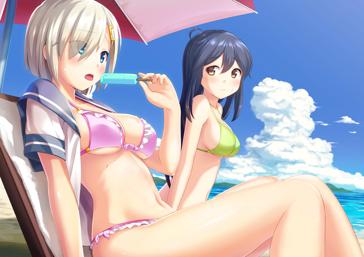 2girls, anthropomorphism, aqua_eyes, bikini, blonde_hair, blue_eyes, blush, clouds, food, gray_hair, hamakaze_(kancolle), ice_cream, kantai_collection, open_shirt, popsicle, sawada_yuusuke, sky, swimsuit, tagme, ushio_(kancolle), water, yellow_eyes